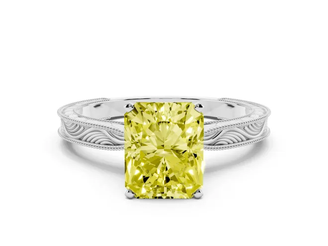 Radiant Cut Engraved Engagement Ring Setting for a Fancy Yellow Lab-Grown Diamond | White Gold