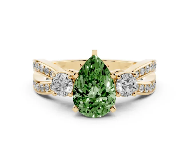 Pear-Shaped Three-Stone Twist Engagement Ring Setting for a Fancy Green Lab-Grown Diamond | Yellow Gold