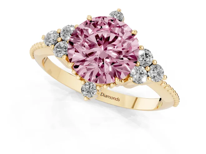 Fancy Pink Round Cut Diamond Cluster Ring Set in Yellow gold with Beaded Band – second view