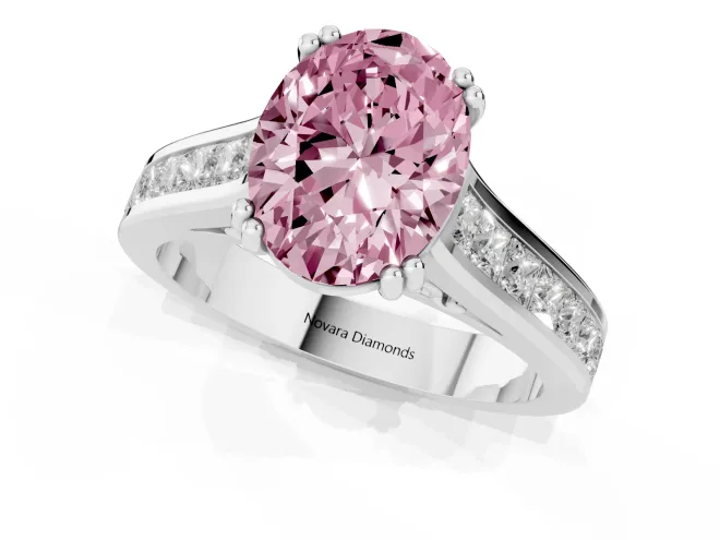 Fancy Pink Oval Cut Diamond Channel Set Solitaire Engagement Ring Set in Silver with Prong Setting – second view