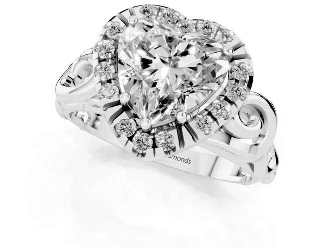 Heart Cut Diamond Halo Ring Set in Platinum with Scrollwork Band and Prong Setting – second view