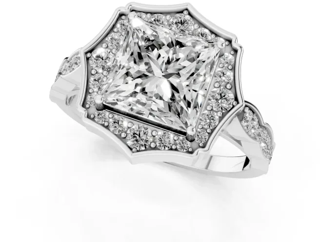 Princess Cut Diamond Halo Engagement Ring Set in White gold with Milgrain Band and Prong Setting – second view