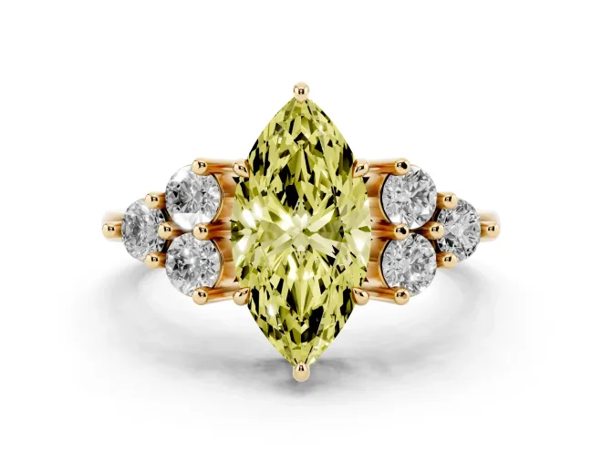 Fancy Yellow Marquise Cut Diamond Solitaire Ring Set in Yellow gold with Cluster Accents on Each Side
