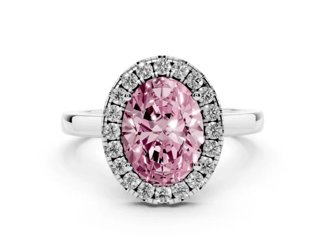 Oval Thin Halo Engagement Ring Setting for a Fancy Pink Lab-Grown Diamond | Plain Polished Band | White Gold