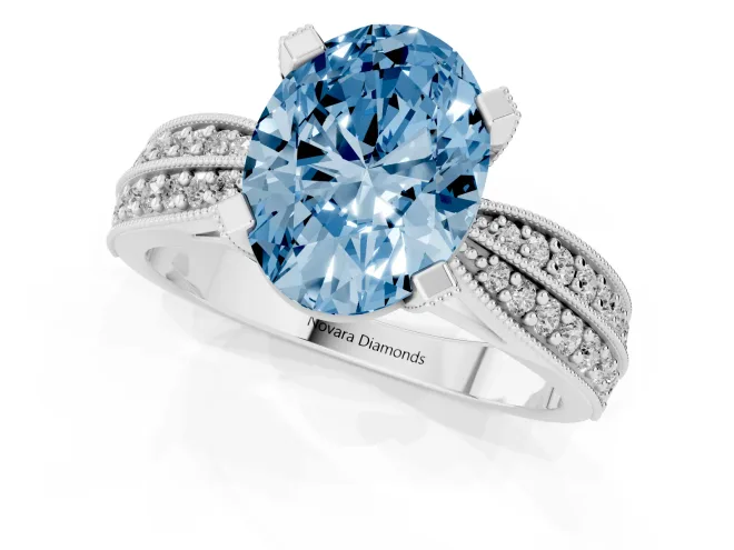 Fancy Blue Oval Cut Diamond Solitaire Ring Set in Silver with Milgrain Double Row Round Pavé Band – second view