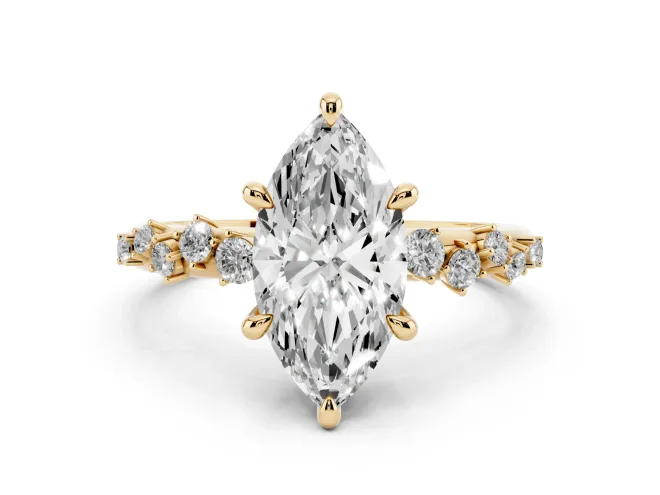 Marquise Cut Diamond Solitaire Vine Band Ring Set in Yellow gold with Round Accents and Prong Setting