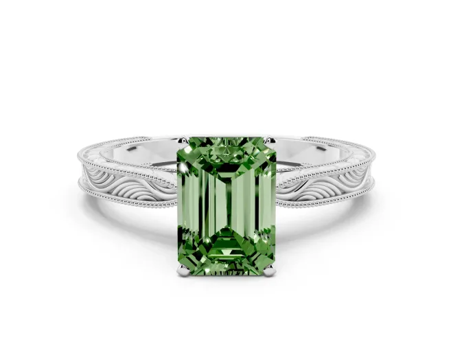 Emerald Cut Engraved Engagement Ring Setting for a Fancy Green Lab-Grown Diamond | Sterling Silver