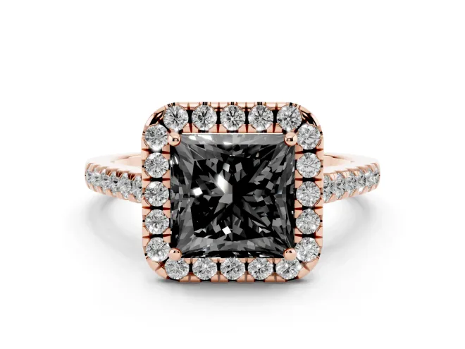 Fancy Black Princess Cut Diamond Halo Pavé Engagement Ring Set in Rose gold with Prong Setting