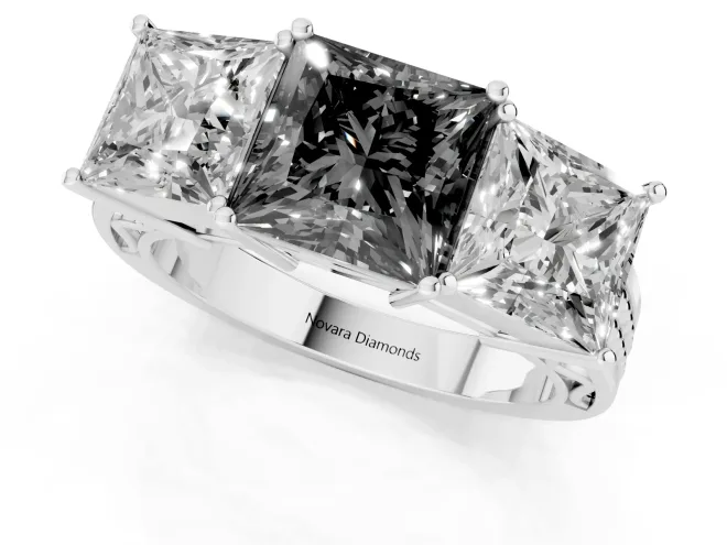 Fancy Black Princess Cut Diamond Three-Stone Ring Set in Platinum with Textured Band – second view