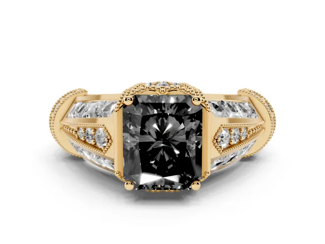 Fancy Black Radiant Cut Diamond Vintage-Inspired Milgrain Ring Set in Yellow gold with Accent Split Shank
