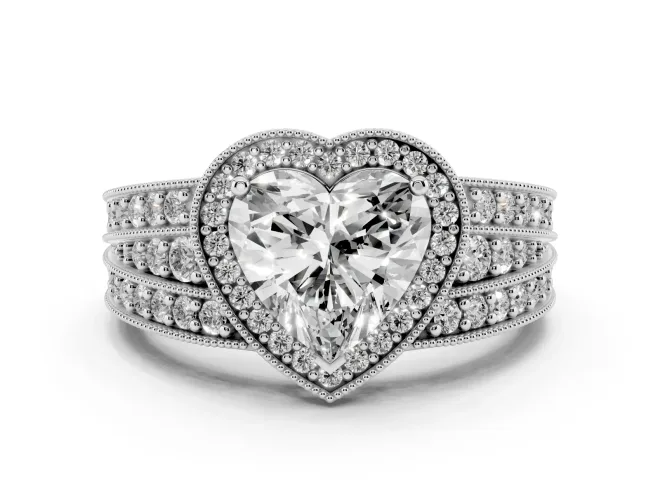 Heart-Shaped Milgrain Halo Engagement Ring Setting | Three-Row Split Shank | White Gold