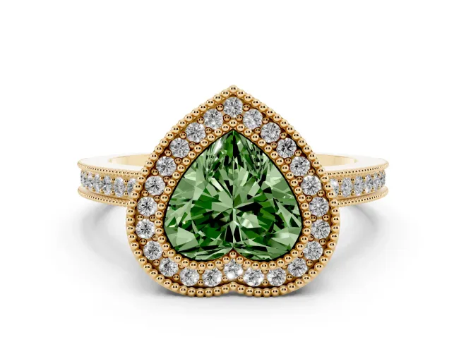 Heart-Shaped Milgrain Halo Engagement Ring Setting for a Fancy Green Lab-Grown Diamond | Yellow Gold