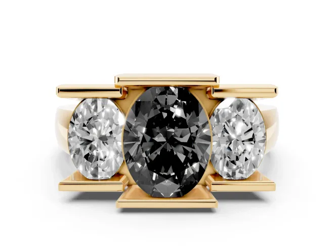 Oval Channel-Set Three Stone Engagement Ring Setting for a Black Center | Yellow Gold