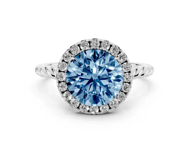 Round Halo Engagement Ring Setting for a Fancy Blue Lab-Grown Diamond | Twisted Rope Band | Platinum