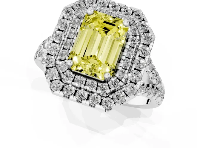 Fancy Yellow Emerald Cut Diamond Double Halo Ring Set in White gold with Pavé Split Shank and Prong Setting – second view