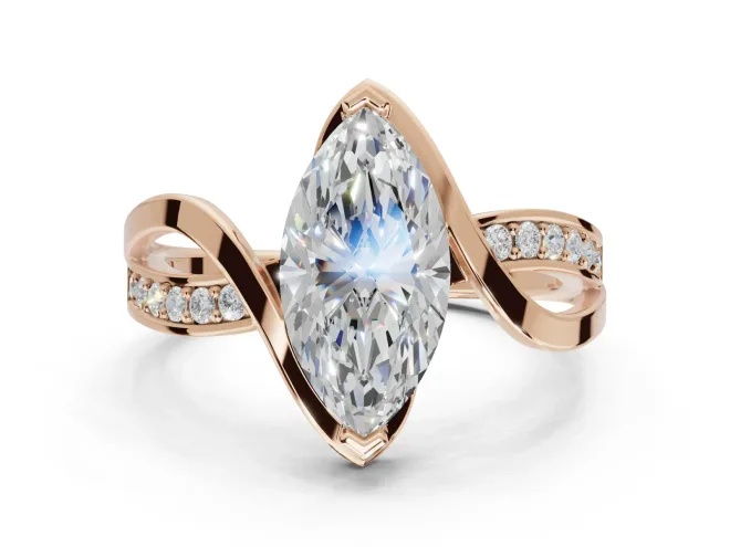 Marquise Bypass Solitaire Engagement Ring Setting | Pavé and Plain Strands | Rose Gold
