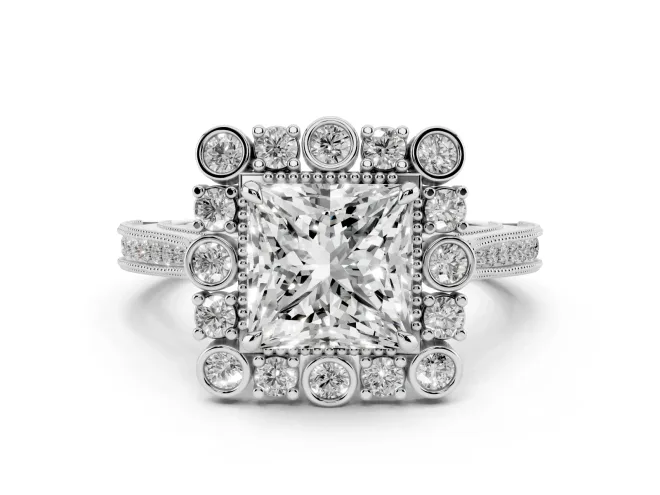 Princess Cut Vintage Scalloped Halo Engagement Ring Setting | Milgrain Pavé Band | White Gold