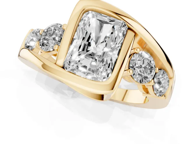 Radiant Cut Diamond Bezel Bypass Ring Set in Yellow gold with Round Accents – second view