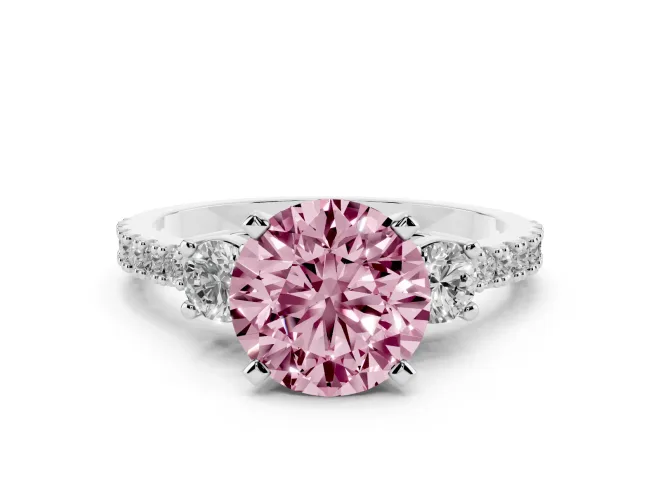 Fancy Pink Three-Stone Round Cut Diamond Pavé Band Ring Set in Silver with Prong Setting
