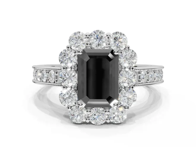 Emerald Cut Vintage Halo Engagement Ring Setting for a Black Center | White Gold