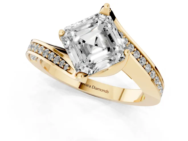 Asscher Cut Diamond Solitaire Ring Set in Yellow gold with Intertwined Pavé Twist Band – second view
