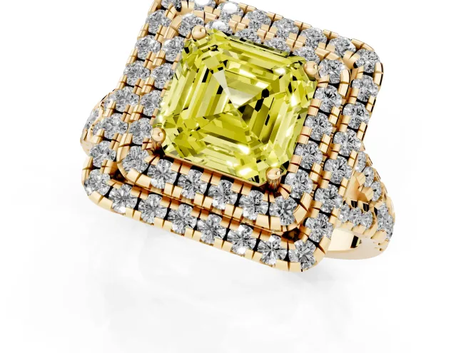 Fancy Yellow Asscher Cut Diamond Double Halo Ring Set in Yellow gold with Pavé Split Shank and Prong Setting – second view