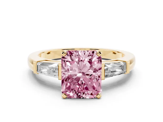 Radiant Cut Three Stone Engagement Ring Setting for a Fancy Pink Lab-Grown Diamond | Tapered Baguettes | Yellow Gold