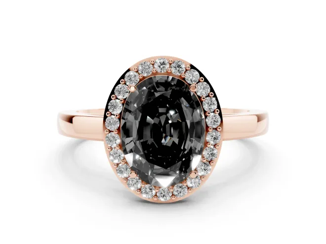Fancy Black Oval Cut Diamond Halo Ring Set in Rose gold with Solitaire Band and Prong Setting