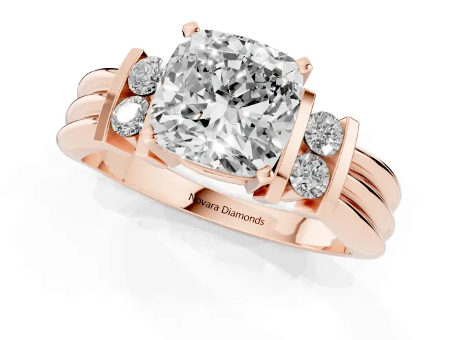 Three-Stone Cushion Cut Diamond Channel Set Ring Set in Rose gold with Bar Prongs – second view