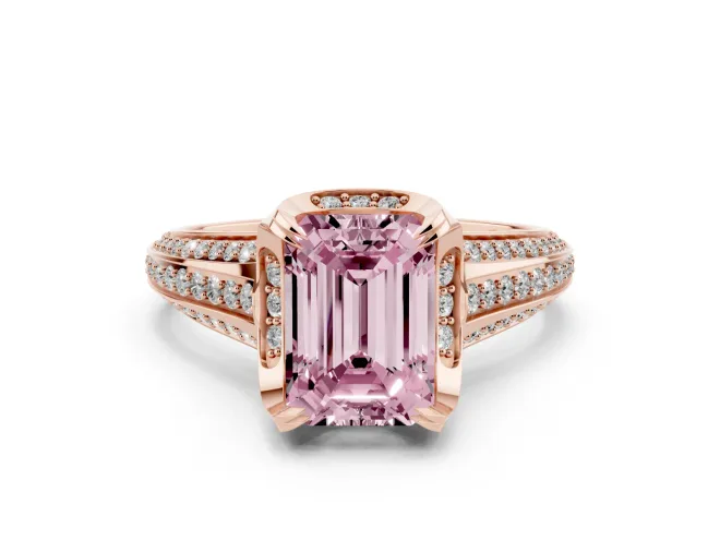 Emerald Cut Hidden Halo Engagement Ring Setting for a Fancy Pink Lab-Grown Diamond | Triple Row Pavé Band | Rose Gold