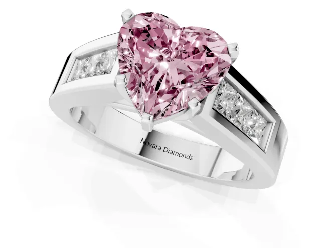 Fancy Pink Heart Cut Diamond Solitaire Ring Set in Platinum with Channel-Set Accent Stones and Prong Setting – second view