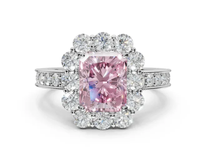 Radiant Cut Vintage Halo Engagement Ring Setting for a Fancy Pink Lab-Grown Diamond | Milgrain Channel Band | White Gold