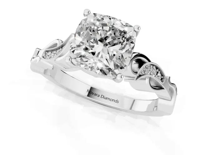 Cushion Cut Diamond Vine Band Solitaire Ring Set in White gold with Milgrain Prong Setting – second view
