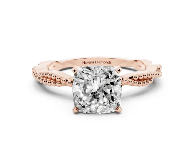 Cushion Cut Twisted Solitaire Engagement Ring Setting | Beaded Twist Band | Rose Gold