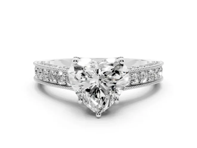 Heart-Shaped Vintage Hidden Halo Engagement Ring Setting | Milgrain Pavé Band | Sterling Silver