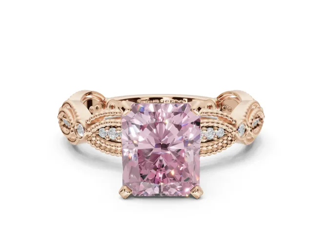 Radiant Cut Vintage Milgrain Engagement Ring Setting for a Fancy Pink Lab-Grown Diamond | Graduated Stations | Rose Gold