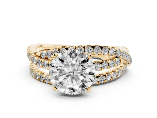 Round Twisted Pavé Solitaire Engagement Ring Setting | Three-Strand Band | Yellow Gold