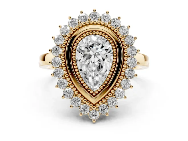 Pear Cut Diamond Halo Ring Set in Yellow gold with Milgrain Edge and Round Prong Setting