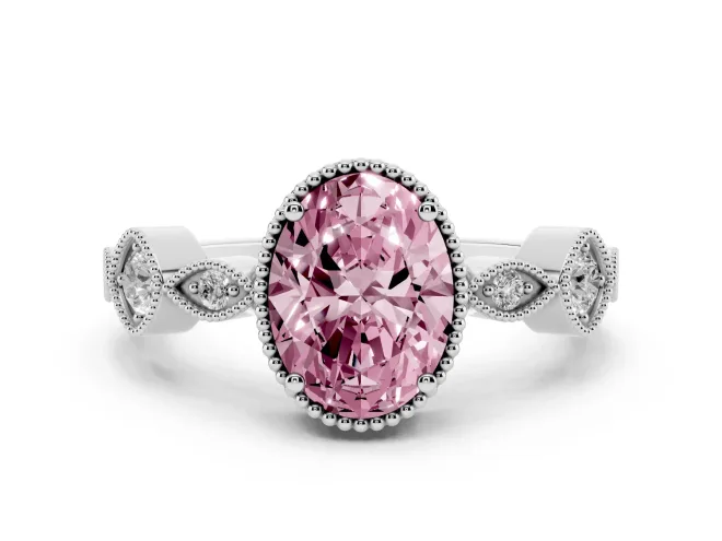 Fancy Pink Oval Cut Diamond Vintage-Inspired Milgrain Ring Set in Silver with Marquise Stations of Round Accents