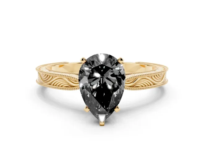 Pear-Shaped Engraved Solitaire Engagement Ring Setting for a Black Center | Yellow Gold