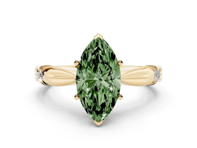 Fancy Green Marquise Cut Diamond Solitaire Twisted Band Ring Set in Yellow gold with Accent Stones and Prong Setting