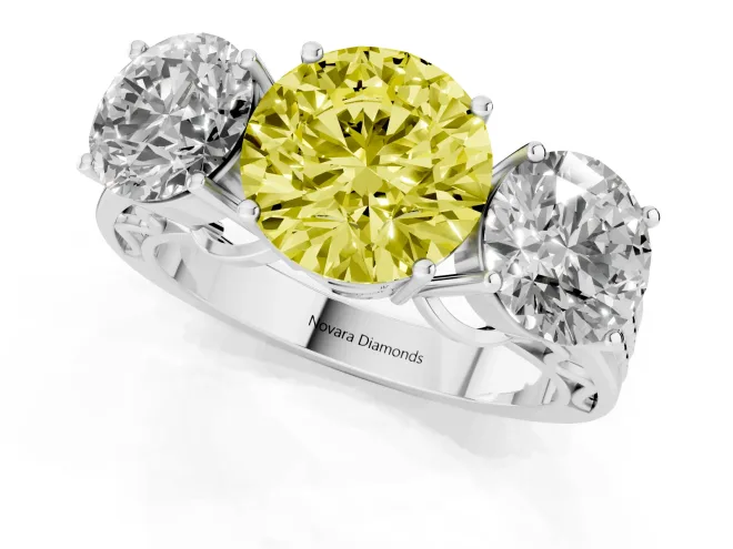 Fancy Yellow Round Cut Diamond Three-Stone Ring Set in White gold with Textured Band – second view