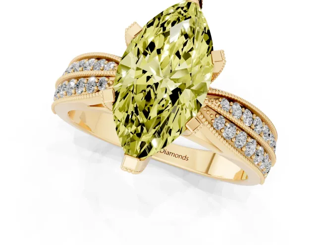 Fancy Yellow Marquise Cut Diamond Solitaire Ring Set in Yellow gold with Milgrain Double Row Round Pavé Band – second view