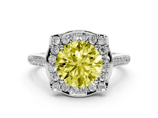 Round Halo Engagement Ring Setting for a Fancy Yellow Lab-Grown Diamond | Petal Tips | White Gold