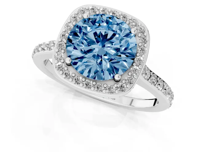 Fancy Blue Round Cut Diamond Halo Engagement Ring Set in Silver with Round Pavé Shoulders and Heart Gallery – second view