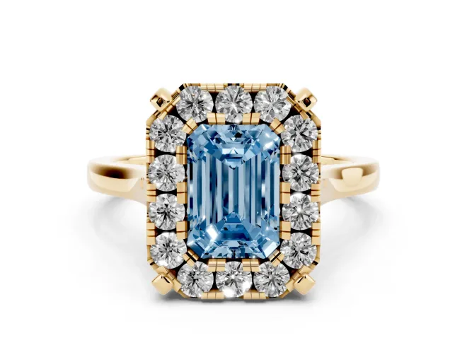 Emerald Cut Claw Corner Halo Engagement Ring Setting for a Fancy Blue Lab-Grown Diamond | Slim Plain Band | Yellow Gold