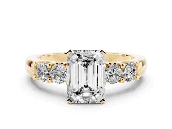 Emerald Cut Diamond Five-Stone Prong Set Engagement Ring Set in Yellow gold with Channel Band