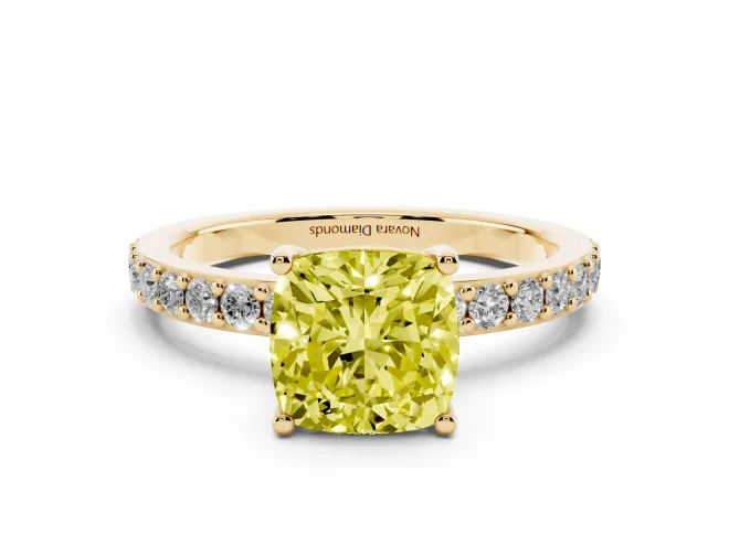 Cushion Cut Pavé Solitaire Engagement Ring Setting for a Fancy Yellow Lab-Grown Diamond | Single Row Band | Yellow Gold