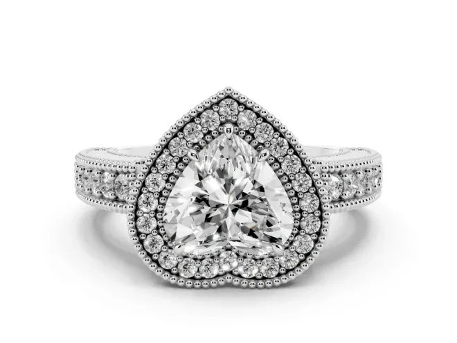 Heart Cut Diamond Halo Ring Set in White gold with Round Accent Halo, Pavé Band and Prong Setting