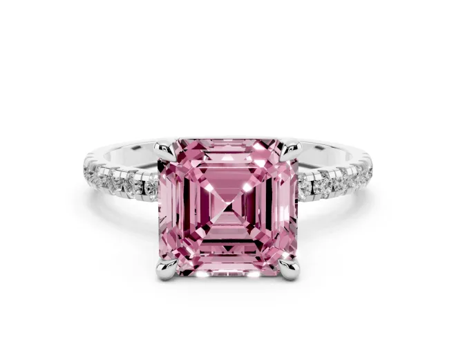 Asscher Cut Petite Pavé Solitaire Engagement Ring Setting for a Fancy Pink Lab-Grown Diamond | Slim Band | White Gold